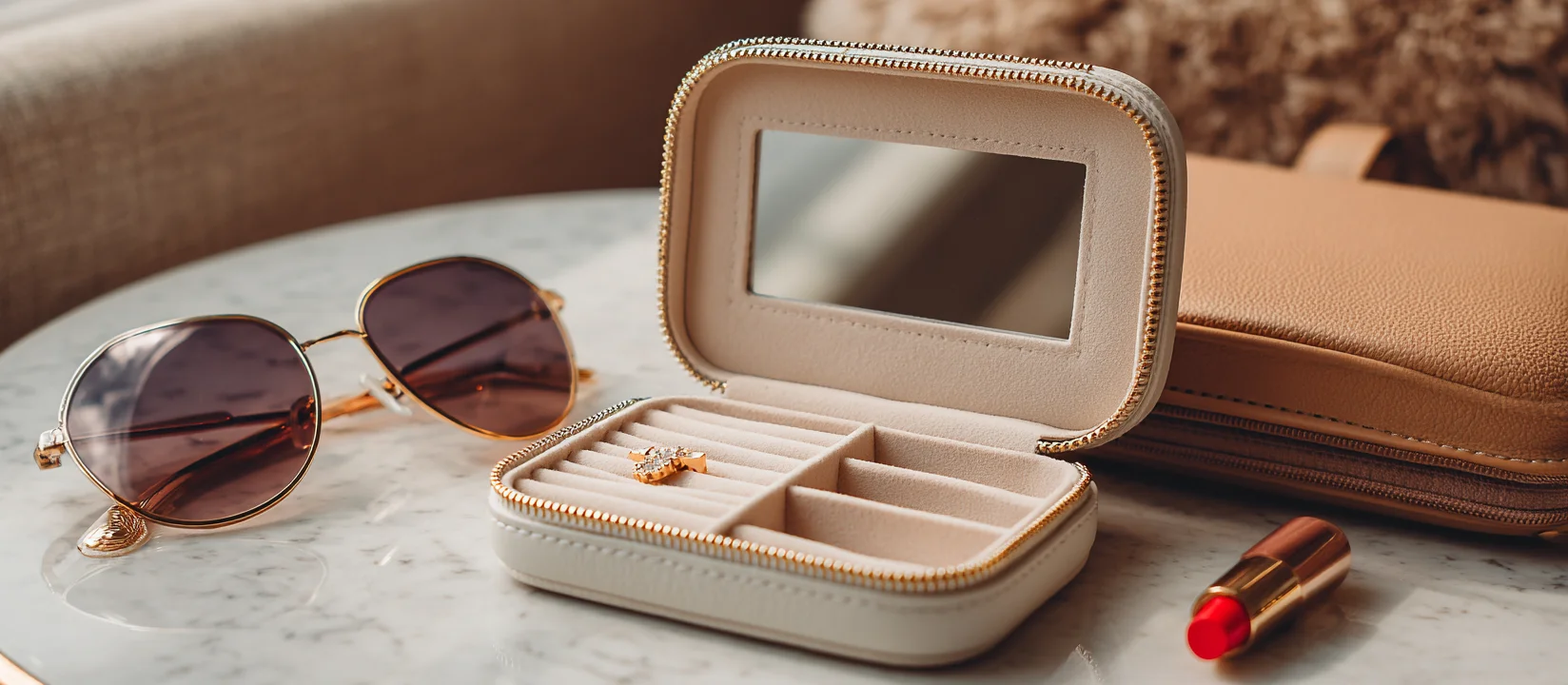 A closed brown leather travel jewelry box tucked inside a bag, ready for storing items like a jewelry box for necklaces only or jewelry boxes for earrings only.
